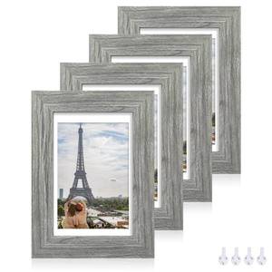 lot 3229 image: Hongkee 4x6 Picture Frame Set of 4, Made of Real Glass and Grey Wooden Frame, 4 by 6 Photo for Wall or Tabletop - Display Picture 3.5x5 with Mat or 4x6 Without Mat