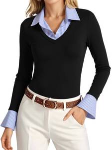lot 3244 image: Tankaneo Womens Long Sleeve Polo Shirts Business Casual Work Tops Slim Fit V Neck Collared Patchwork Fall Outfits Black Small