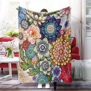 lot 3245 image: Neasow Floral Fleece Throw Blanket, Vibrant Color Boho Flowers Blossom Cozy Decor Throws for Sofa Bed Couch Chair or Dorm 40x50 inch