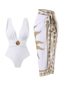 lot 3249 image: SherryDC One Piece Swimsuit with Cover up Wrap Skirt Sarong Floral Print Plunge V Neck Bathing Suit for Women L