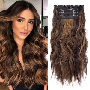 lot 3252 image: 4Pcs Clip in Hair Extensions, 20 Inches Long Wavy Synthetic Brown Hair Extensions Clip in, for Women and Girls (Color Dark Brown with Light Brown Highlights)