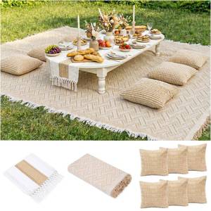 lot 3257 image: Extra Large Outdoor Boho Picnic Blanket with Low Table Runner and 6 Throw Pillows Covers Set for Beach Essentials Beach Accessories Garden Party Decoration Patio Park Lawn Grass Ground Festival Mat XL