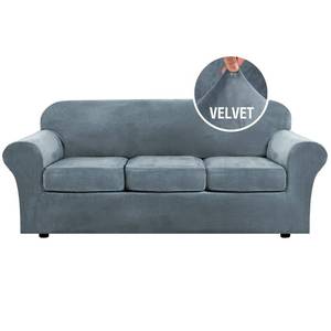 lot 3258 image: H.VERSAILTEX Modern Velvet Plush 4 Piece High Stretch Sofa Slipcover Sofa Cover Furniture Protector Form Fit Luxury Thick Velvet Sofa Cover for 3 Cushion Couch Width Up to 90 Inch (Sofa,Stone Blue)