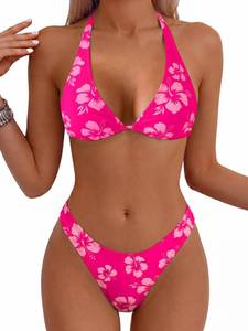 lot 3261 image: Fanuerg Womens Triangle Bikini Sets Halter String Two Piece Swimsuits High Cut Cheeky Bathing Suit Pink Floral Print 2026 M