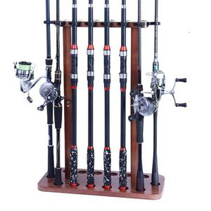 lot 3282 image: VEYWANE Fishing Rod Storage Racks, 100% Wood Floor Stand Fishing Pole Holders for Garage of 14 Rods or Combos