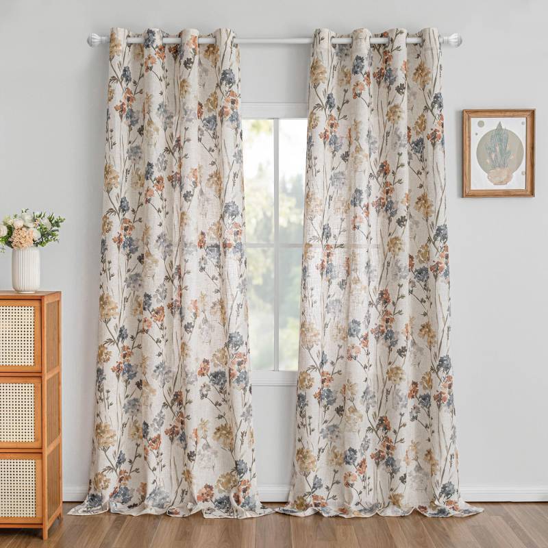 lot 23211 image: MYSKY HOME Floor to Ceiling Linen Floral Curtains 95 Inch Length 2 Panels Set Semi Sheer Light Filtering Farmhouse Flower Print Patterned Window Grommet Curtains for LivingDining Room, Yellow, 2 Pcs - Retail $44