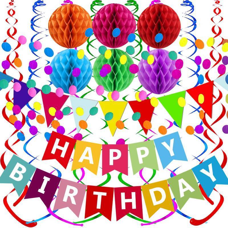 lot 28776 image: Fecedy Happy Birthday Banner With Colorful Paper Flag Bunting Paper Circle Confetti Garland Swirl Streamers Honeycomb ball for Birthday Party Decorations - Retail $10