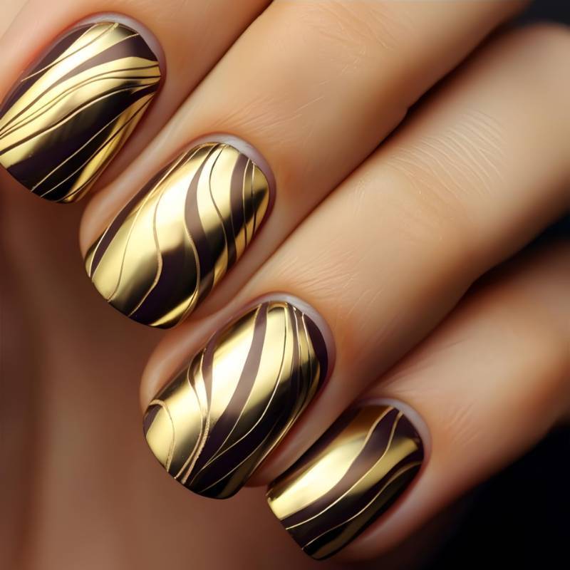 lot 28824 image: Press on Nails Gold Fake Nails Short Square False Nails Press ons with Designs Gold Line Stripes Acrylic False Nails Glossy Shiny Full Cover Glue on Nail for Women Nail Manicure Decoration 24Pcs - Retail $7