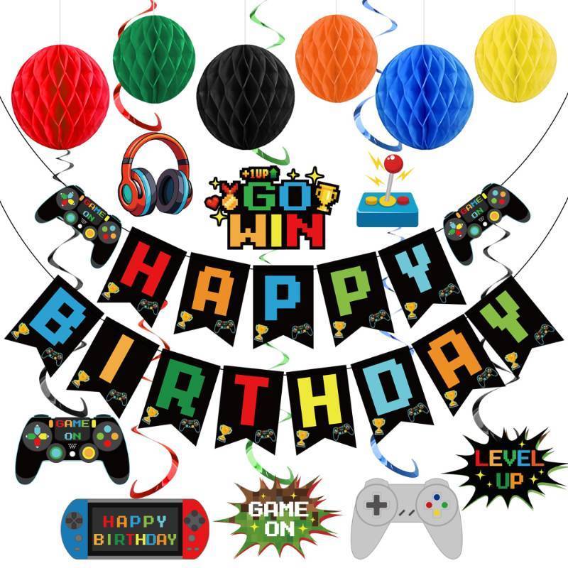 lot 28833 image: Video Game Birthday Decorations Game Theme Party Decorations Kit Includes Happy Birthday Gaming Banner Hanging Swirls Honeycomb Balls for Gaming Theme Birthdays Party - Retail $14