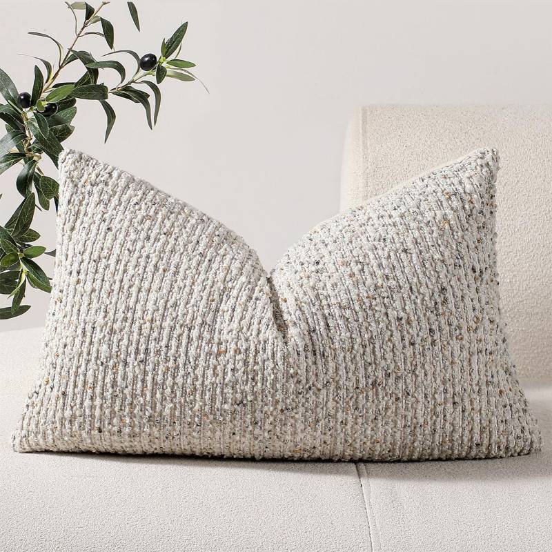lot 28864 image: DEZENE 12x20 Cream Grey Lumbar Pillow Cover Textured Boucle Striped Chic Morden Boho Accent Farmhouse Rectangular Decorative Couch Pillow Case for Home Decor Bed Sofa Living Room - Retail $15