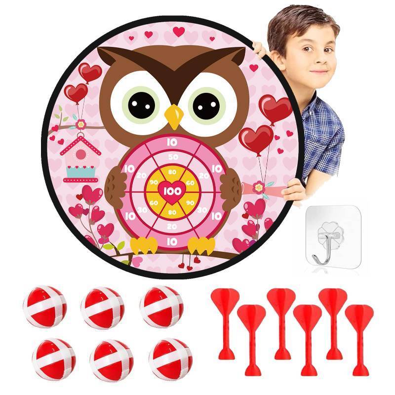 lot 30687 image: Valentines Day Game Dart Board 26in Owl Dart Board with 6 Sticky Balls and 6 Darts Toy Hooks Valentines Day Party Favors Indoor Outdoor Sports Puzzle Game - Retail $12