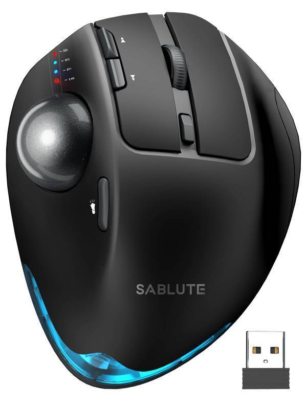 lot 23206 image: SABLUTE MAM1 Pro Ergonomic Wireless Trackball Mouse, Adjustable 0°18° Angle, Thumb Control, Quiet Clicks, 3 Multi-Device Bluetooth & USB Receiver, Rechargeable Mouse for Office, Windows Mac - Retail $37