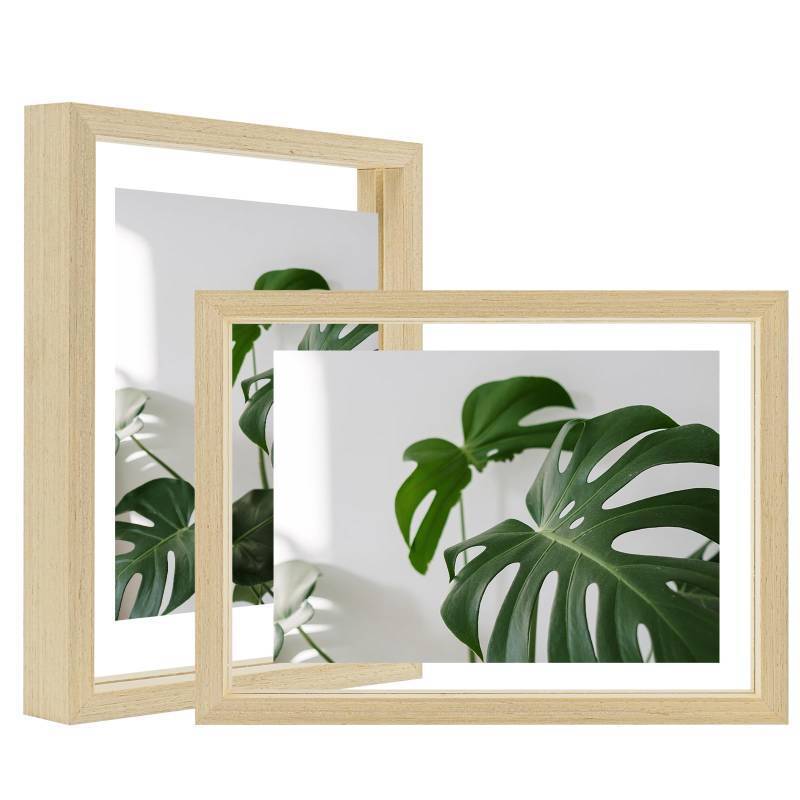 lot 24605 image: Egofine 6x8 Floating Frames Set of 2, Double Plexiglass Picture Frame, Made of Solid Wood Display Any Size Photo up to 6x8, Wall Mount or Tabletop Standing, Natural Wood - Retail $22