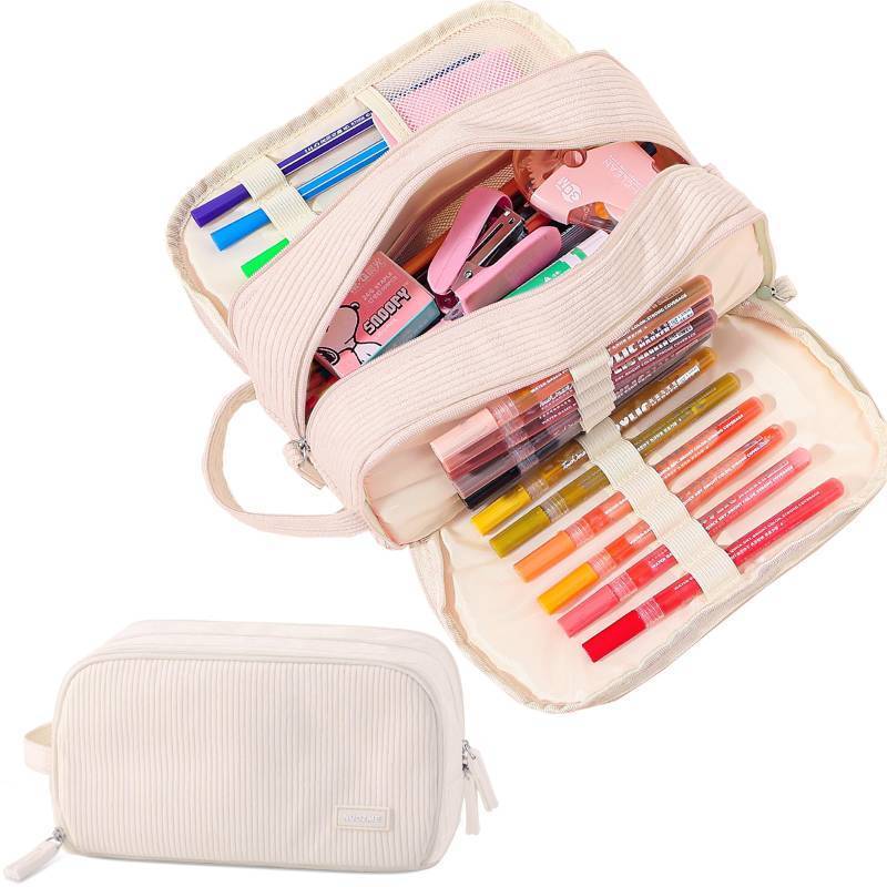 lot 30628 image: Nuozme 3 Compartment Pencil Case, Extra Large Capacity School Supplies Pencil bag with Easy Handle, Soft Corduroy Pencil Pouch, Aesthetic Supply Pen Case Bag Organizer For Teen Girls College (Beige) - Retail $10
