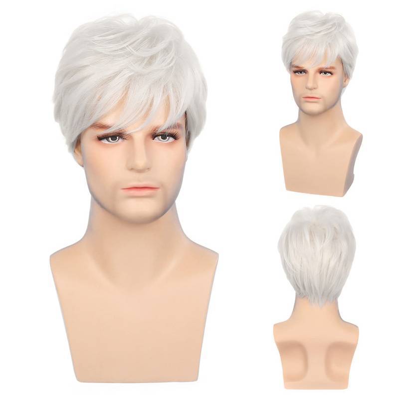 lot 30658 image: Sallcks Mens White Wigs Short Layered Natural Cosplay Costume Halloween Synthetic Heat Resistant Replacement Wigs - Retail $21