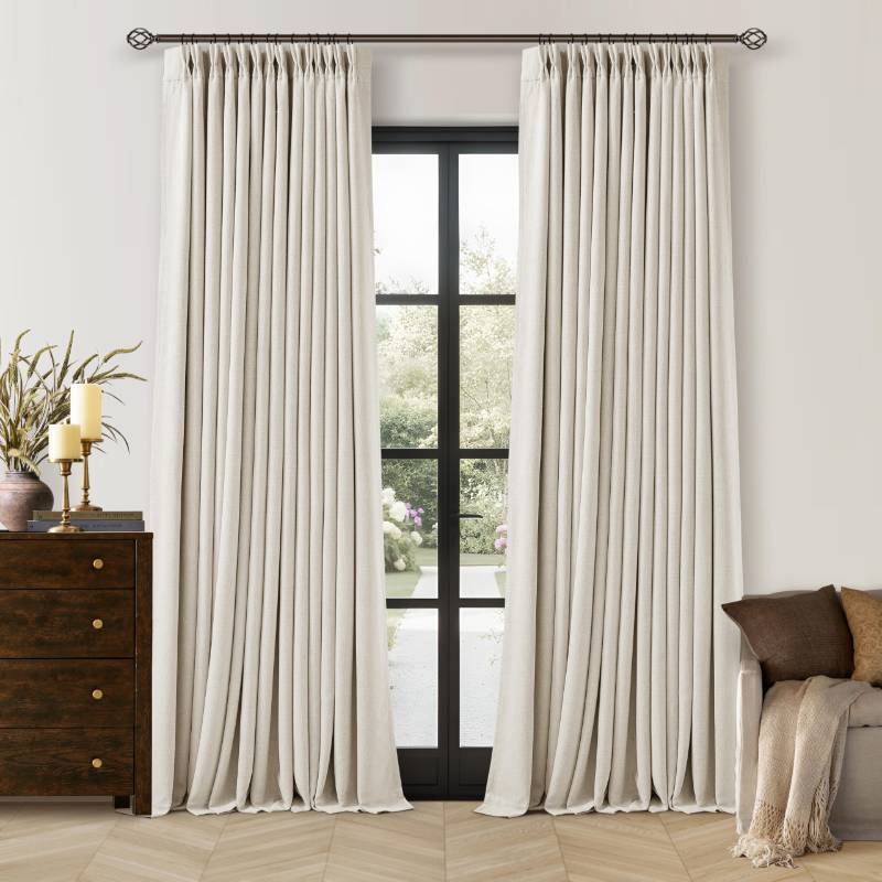 lot 32446 image: 90 Inch Pinch Pleated Blackout Linen Curtains for Bedroom 2 Panels Memory Trained 100% Black Out Soundproof Room Darkening Natural Cream Ivory Birch Window Curtains Double Layer Pinch Pleat Drapes - Retail $50