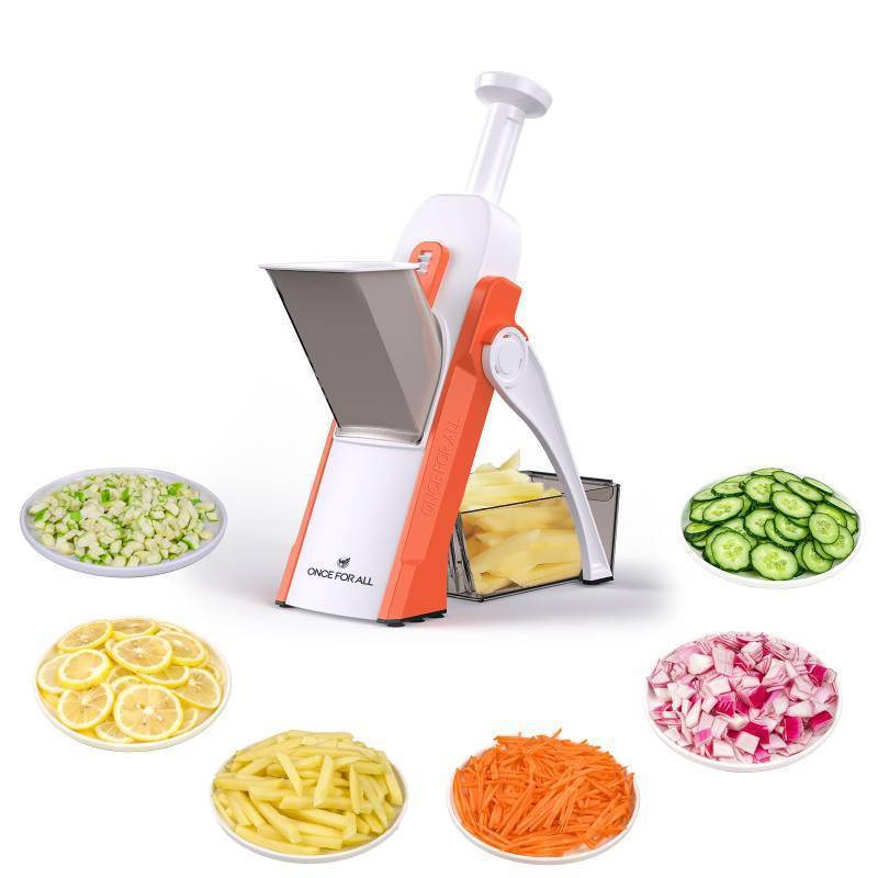 lot 33021 image: ONCE FOR ALL Safe Mandoline Slicer 5 in 1 Vegetable Cutter, Strips Julienne Dicer Adjustable Thickness 0.1-8 mm for Kitench Fast Meal Prep (Orange) - Retail $40