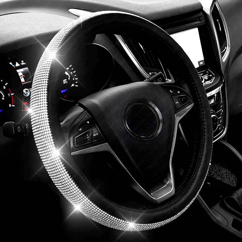 lot 29526 image: New Diamond Leather Steering Wheel Cover with Bling Bling Crystal Rhinestones, Universal Fit 15 Inch Car Wheel Protector for Women Girls Black - Retail $12