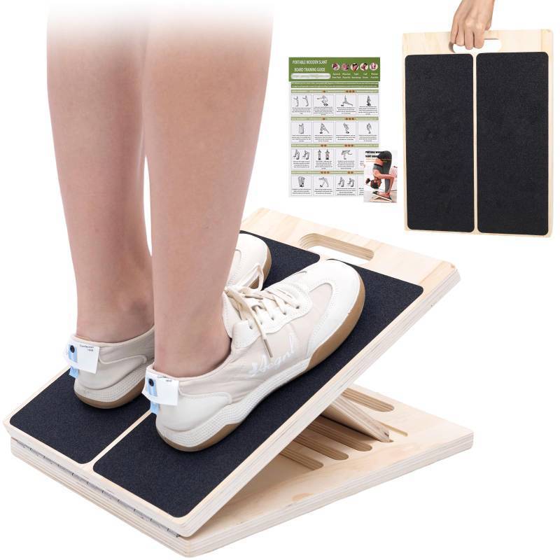 lot 22310 image: XCMVCN Slant Board for Calf Stretching, 5 Angle Portable Adjustable Calf Wooden Stretch Board with Training Poster, 300lb Weight Capacity for Ankle Heel Feet Leg Knees Physical Therapy Equipment - Retail $21