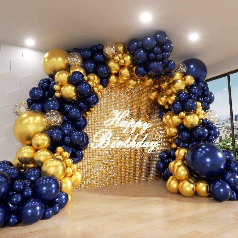 lot 30091 image: ADOINBY Blue and Gold Balloon Arch Kit, ADOINBY 144Pcs Navy Blue Metallic Gold Latex Balloon Garland kit, 18 12 10 5 Inch Different Size Balloons for Graduation Birthday Anniversary Party Decorations - Retail $13