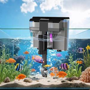 lot 19387 image: 8W Aquarium Filter Hang on U-V Fish Tank Filters Quiet 4 in 1 Double Waterfall Fiter for up to 45 Gallon Tanks, 215 GPH Adjustable Flow - Retail $38