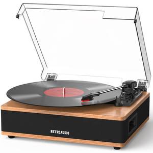 lot 19394 image: Vinyl Record Player Bluetooth Turntable with Built in Stereo Speakers Belt Drive 3 Speeds Vintage Turntables for Vinyl Records Support RCA Output, Aux in, Auto Stop, Light Walnut - Retail $70