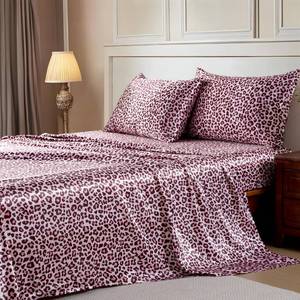 lot 19400 image: MR&HM Satin Bed Sheets with Elastic Corner Straps, Queen Size Sheets Set, 4 Pcs Silky Bedding Set with 15 Inches Deep Pocket for Mattress (Queen, Pink Leopard) - Retail $36