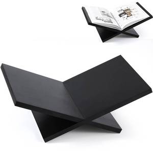 lot 19402 image: Honoson Open Display Book Stand 16 x 9 x 6 Inches Wooden Large Book Holder for Reading Open Bookstand X-Shaped Cookbook Stand for Bible Magazines Art Textbooks Recipe Coffee Table Decor(Black) - Retail $24
