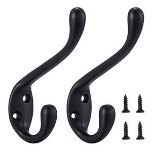 lot 19404 image: Jukzi Coat Hooks 3 Pack - Heavy Duty Wall Mounted Two Prongs Double Hooks Matte Black Door Hooks for Hanging ClothesTowels - Sturdiness Design with Better Mounting System - Retail $17