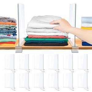 lot 25006 image: 12 Pack Acrylic Shelf Dividers, Clear Shelf Divider for Closet Organization, Closet Shelf Separators for ClothesPurses, Wood Shelves Organizers in Bedroom, Kitchen, Office, Cabinets, Bathroom Storage - Retail $31