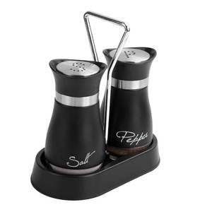 lot 25044 image: Wartter 2 PCS - Stainless Steel and Glass Salt and Pepper Shaker Sets with Holder (BLACK) - Retail $10
