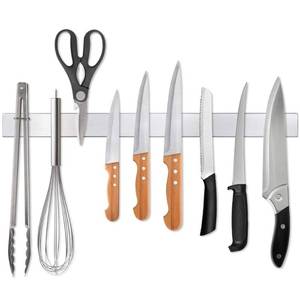 lot 26363 image: Ninonly 16 Inch Magnetic Knife Strip, Premium Stainless Steel Wall Mounted Kitchen Knives Bar,Space-Saving Powerful No Drilling Magnetic Knife Rack for Home Kitchen Utensil Holder & Tool Holder - Retail $20
