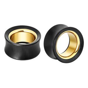 lot 26380 image: Lirzxin Gauge Expander, 2PCS Stainless Steel Wooden Gauges for Ears Double Flared Hollow Bicolor Ear Gauges Flesh Tunnels 0G 8mm Black Gold - Retail $20