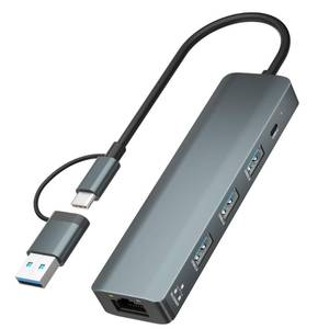 lot 26381 image: USB C to Ethernet Adapter, 5Gbps Data Port Hub Network with 3USB3.0, USB3.0 Hub with RJ45 101001000 Gigabit Ethernet Adapter Support Windows 10,8.1,Mac OS, Surface Pro,Linux,Chromebook and More - Retail $14