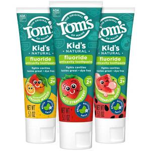 lot 26429 image: Toms of Maine Anticavity Kids Natural Toothpaste Variety Pack, Strawberry, Orange Mango, Watermelon Flavors, Kids Toothpaste with Fluoride, Safe for Ages 2 and Up, 5.1 oz (Pack of 2) - Retail $15
