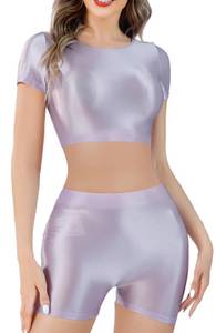 lot 26463 image: FEOYA Womens 2 Pieces Lingerie Set Glossy Oil Shiny Smooth Short Sleeve Crop Top with Bodycon Hot Pants Set for Club Party Purple Appears Small - Retail $25