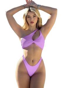 lot 26468 image: Palmipeta Sexy Brazilian Thong Bikini Sets for Women High Cut Leg Rise Two Pieces One Shoulder Swimsuit Cutout Bathing Suits Cute Lavender Light Purple XL - Retail $30