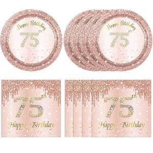 lot 26495 image: 75th Birthday Decorations for Women,75th Birthday Party Plates and Napkins,Rose Gold 75 Year Old Party Theme Tableware 75 Party Table Decorations Supplies,Disposable 7 Paper Plates, Napkins - Retail $9