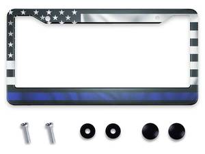 lot 26508 image: Smooffly Thin Blue Line Black American Flag License Plate Frame Holder Stainless Steel Rust-Proof Auto Parts Decoration with Screws for Men Women License Plate 2 Holes 12.2 x 6.3 Inch - Retail $10