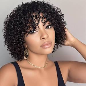 lot 32671 image: ZHENLISI Short Curly Bob Human Hair Wig with Bangs 100% Human Hair Glueless Wear and Go No Lace Wig Machine Made Water Wave Bob Wig for Black Women Natural Black Color 10 inch - Retail $40