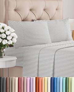 lot 32692 image: Queen Size 4 Piece Sheet Set - Comfy Breathable & Cooling Sheets - Hotel Luxury Bed Sheets for Women & Men - Deep Pockets, Easy-Fit, Soft & Wrinkle Free Sheets - Grey Stripes Oeko-Tex Bed Sheet Set - Retail $33