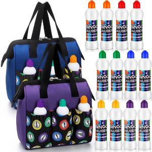 lot 32702 image: Crtiin 2 Set Bingo Bag with 12 Pcs Daubers Mixed Colors Set of Dot Markers in 6 Colors Handle and Zipper Tote Bag with 6 External Pockets Suitable for Bingo Night(2.2 oz,Blue, Purple) - Retail $32