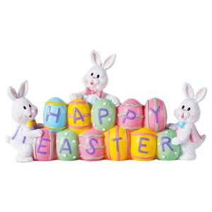 lot 32715 image: Yumhum 3 Bunny Holding Eggs and Happy Easter Decorations, Resin Easter Bunny Rabbits Figurine Tabletop Centerpiece for Spring Decor Easter Home Office Party Decor - Retail $22