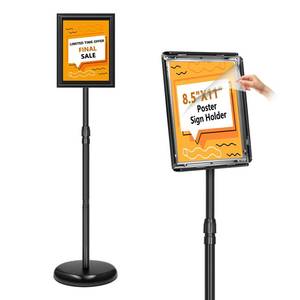 lot 32718 image: XINANDE Sign Holder Stand 8.5x11 Inch, Adjustable Sign Stand with 360 Rotated Frame, Floor Standing Sign Holder, Snap-Open Frame Display, Outdoor Indoor Poster Display for advertising, Malls, Black - Retail $26