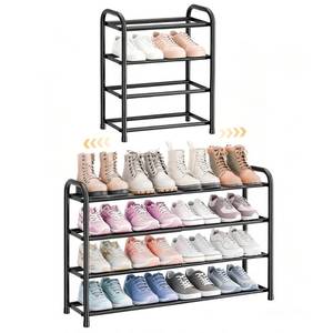 ENJOYBASICS 4 Tier Expandable Shoe Rack for Closet, Free Standing Metal Shoe Shelf Storage Organizer Holder 16 Pairs, Adjustable Width Shoe Rack for Entryway Small Space, Black - Retail: $28