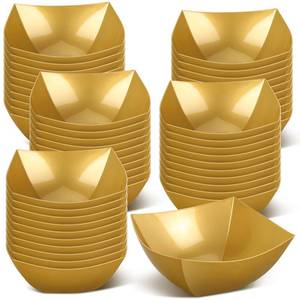 lot 32730 image: Tanlade 50 Pcs Square Plastic Serving Bowls Disposable Snack Salad Bowl Small Party Candy Bar Containers Taco Bar Serving Dishes for Buffet Chips Fruit(Gold,8 oz) - Retail $24