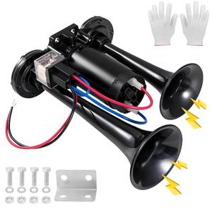 lot 19436 image: Super Loud Dual Trumpet Electric Train Air Horn Kit with Heavy-Duty Compressor Waterproof Black Airhorn for Trucks, Motorcycles, SUVs, Pickups, Boats, ATVs & Off-Road Vehicles - Retail $26