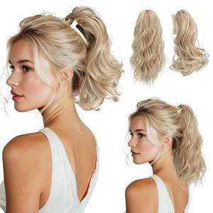 lot 19440 image: Youngways 2 PCS Ponytail Extensions Claw Clip Short Pony Tails Wavy Curly Synthetic Hairpieces for Women 12 Inch  14Inch Set Sunny Blonde - Retail $20