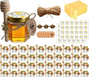 lot 19449 image: Adabocute Honey Pot, Glass Honey Jars, Small Honey Jars with Wooden Dippers, Bee Charms, Gold Gift Bags and Jutes Lids, Mini Honey Jars Baby Shower Favors, 1.5oz 40 Pack - Retail $30