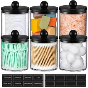 lot 19461 image: Acrylic Qtip Holder Dispenser for Cotton Swabs, Balls, Pads, Floss - Plastic Canister Apothecary Jar Set, Bathroom Essentials Accessories Decor Vanity Makeup Storage Organizer - Clear & Black - Retail $13